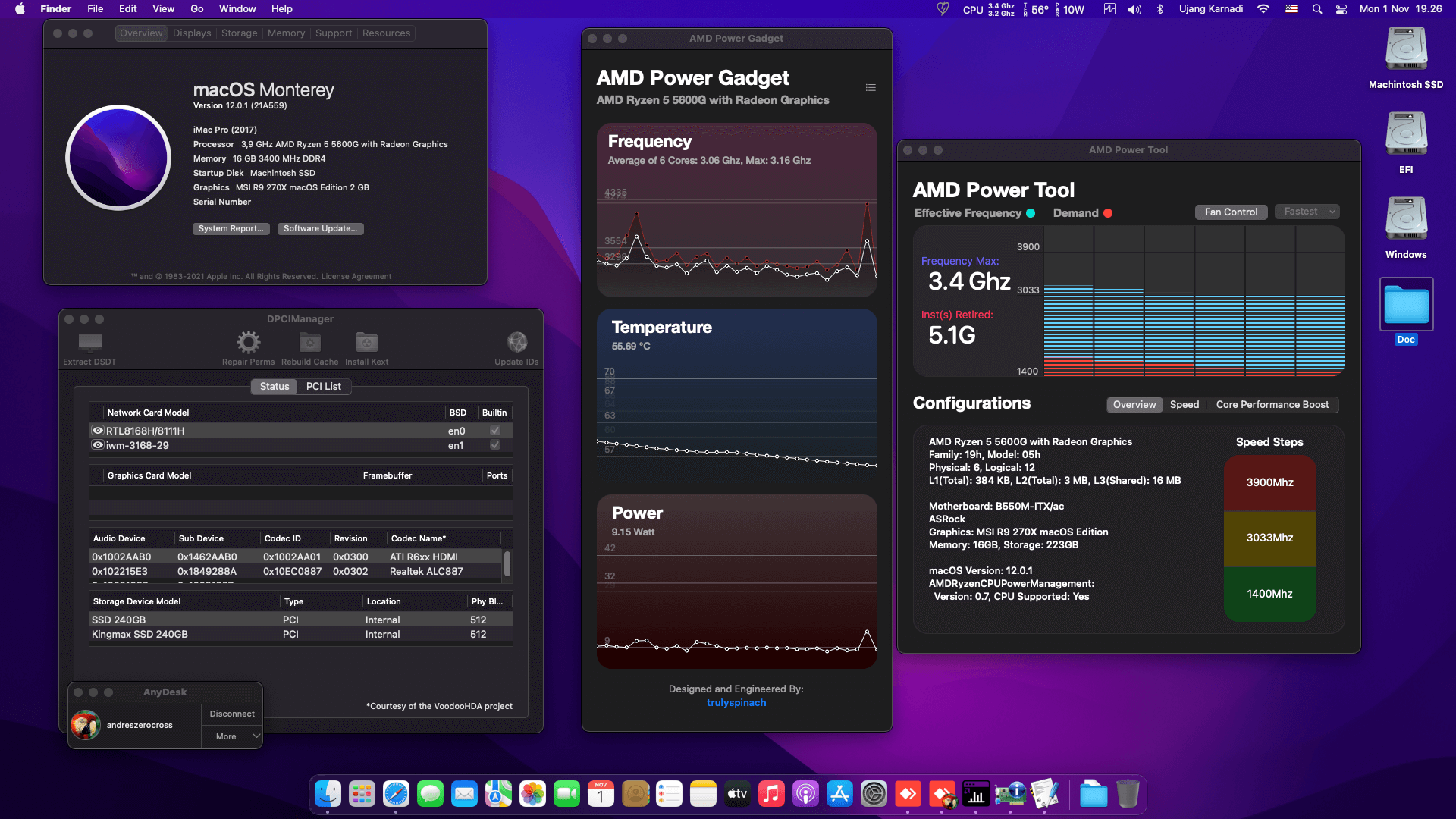 Success Hackintosh macOS Monterey 12.0.1 Beta Build 21A559 in Asrock B550M-ITX/AC + AMD Ryzen 5 5600G + MSI R9 270X